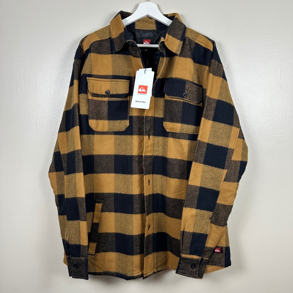 Quiksilver Men's MT Shirt Jacket Mustard Yellow Black Buffalo Check Flannel MT